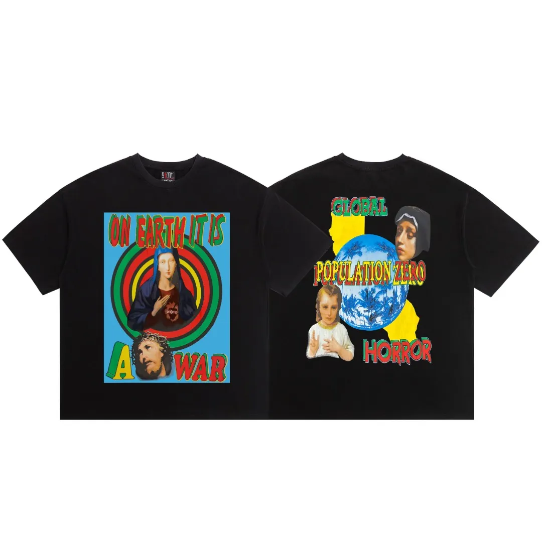 American-style Saint Michael Virgin and Child Earth retro printed washed and distressed short-sleeved men's and women's T-shirts. Digital white ink direct injection. The fabric is breathable and the pattern is three-dimensional and clear. Fabric: Double yarn 240g Style number: S898 Size: S-M-L-XL Color: Black Price: P118